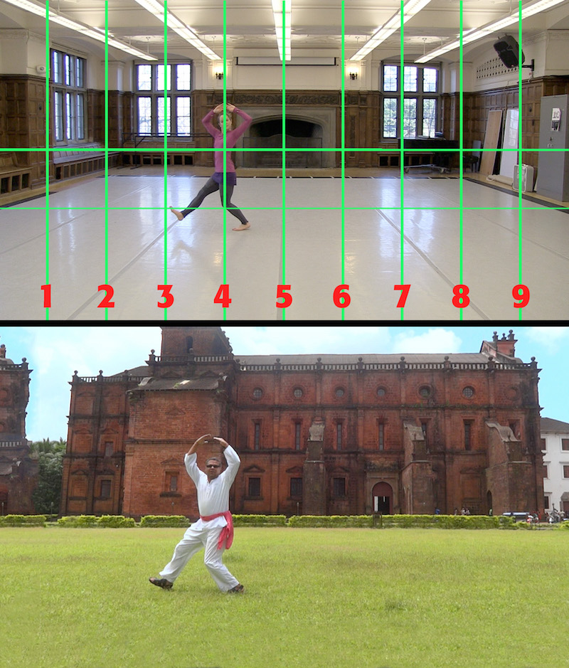 Ellie Escosa-Carter in an image from the Globe Trot manual compared to performer Krishna Kapadia in Goa, India. (frame grabs)