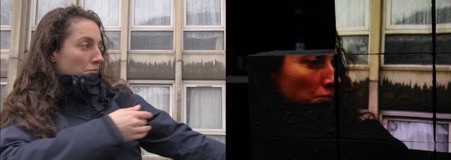 Katja Vaghi performing at the back side of the Eastern Block of Robin Hood Gardens Estate (left). Textured image during Anarchitextures (right). Credit: Author