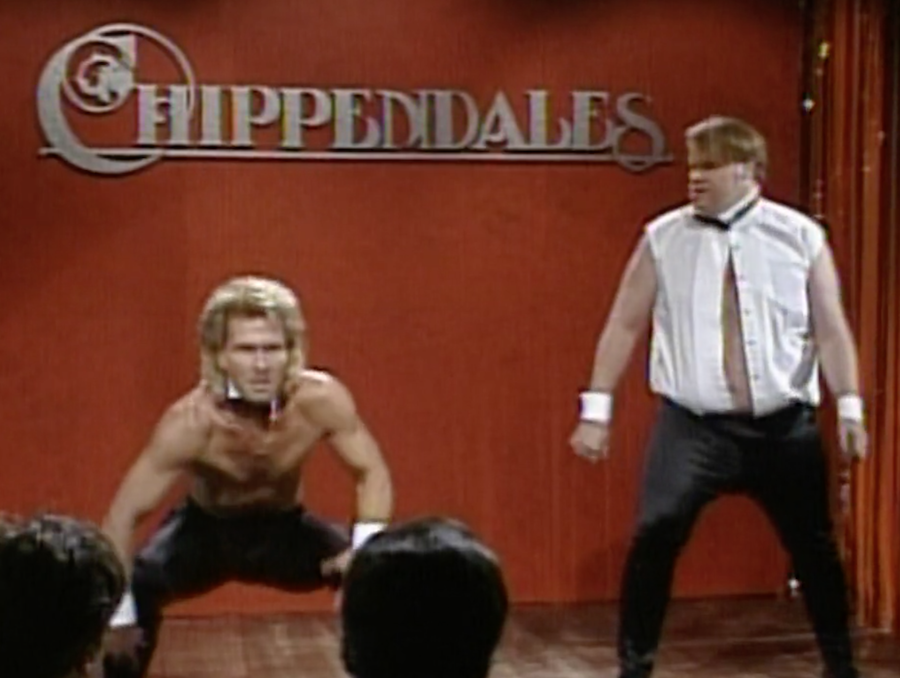 Screenshots of Patrick Swayze and Chris Farley in Saturday Night Live, Chippendales Audition sketch. Dir. Lorne Michaels, Oct. 16, 1990